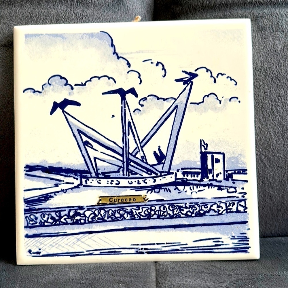 Vintage Tile trivet hand painted Decft Blue “Curaçao” made in France